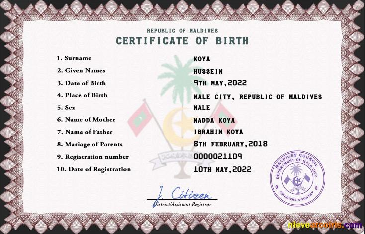 Maldives vital record birth certificate